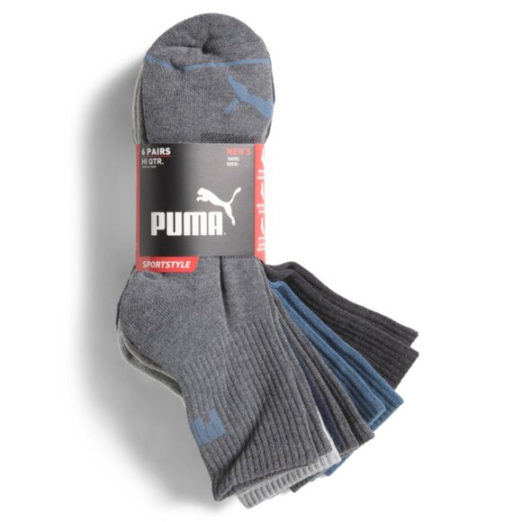 PUMA White/blue 6pk Sportstyle High Quarter Socks - Picture 1 of 1